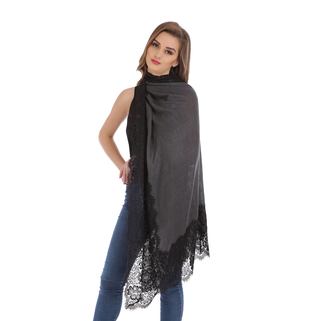Pashmina shawl edged with french lace - Image 3