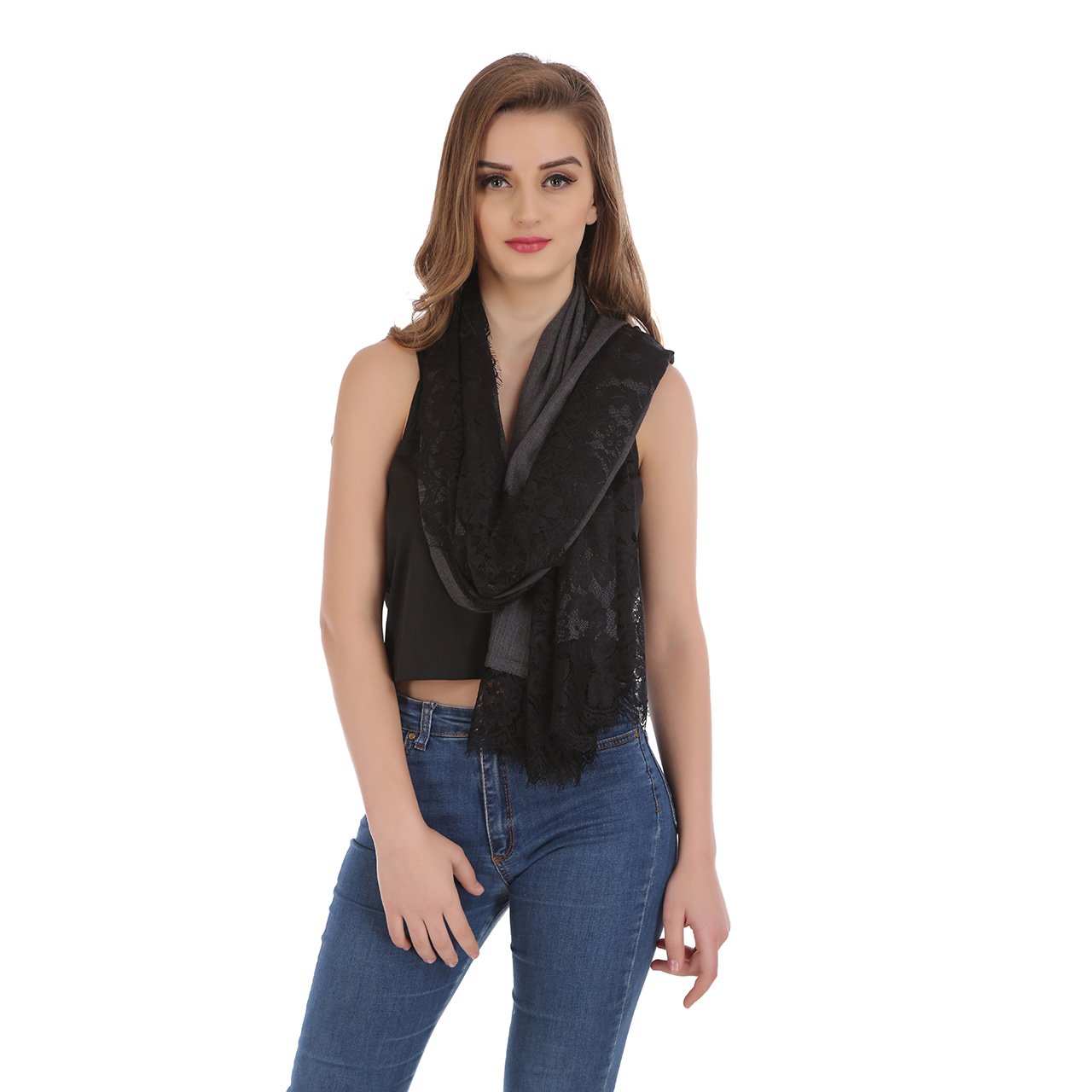 Pashmina shawl edged with french lace