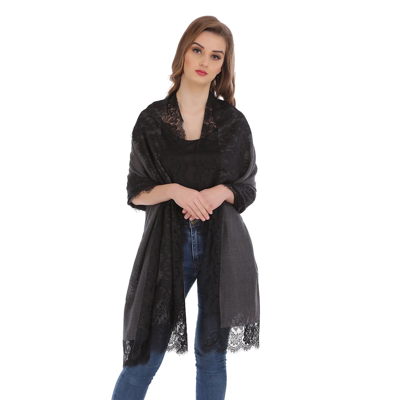 Pashmina shawl edged with french lace - Image 2