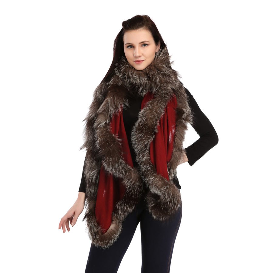 Cashmere blend pashmina scarf with vintage real fur trim